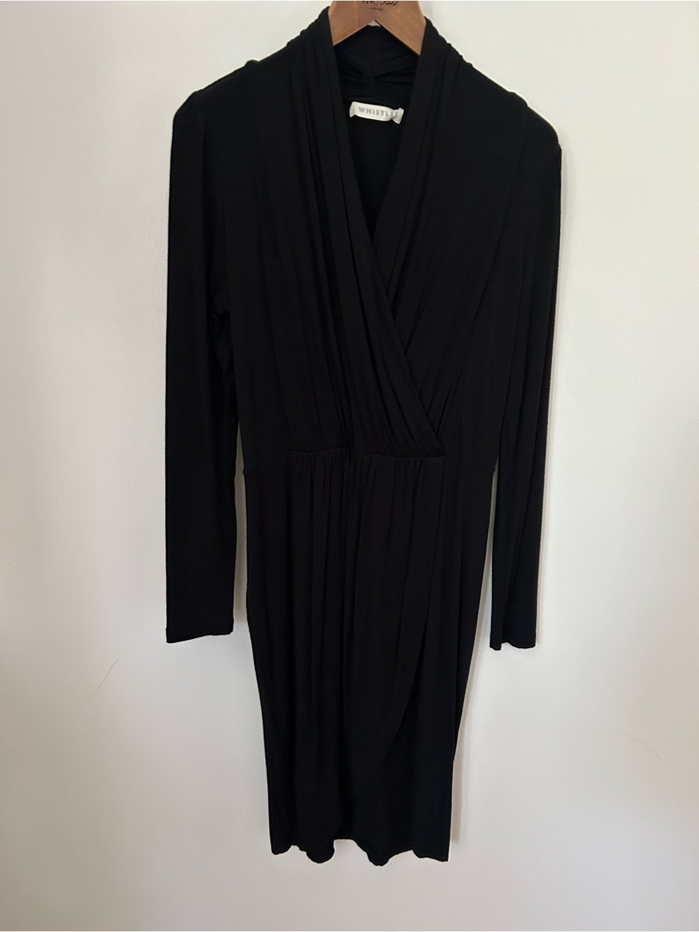 Whistles Black Draped Wrap-Front Long Sleeve Dress